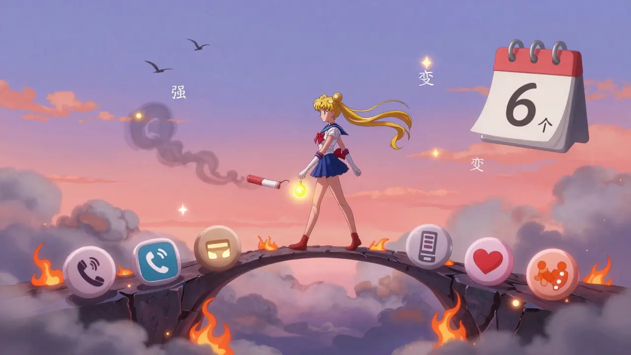 A person walks across a bridge of pills and counseling icons, leaving smoke behind for a bright future, with a glowing pendant lighting their way.