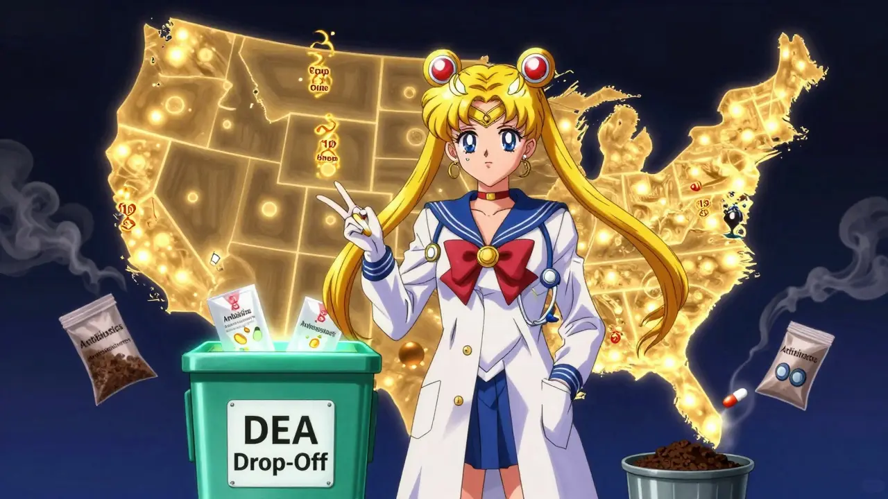 A pharmacist stands beside a take-back bin as glowing FDA-approved drugs float around her.