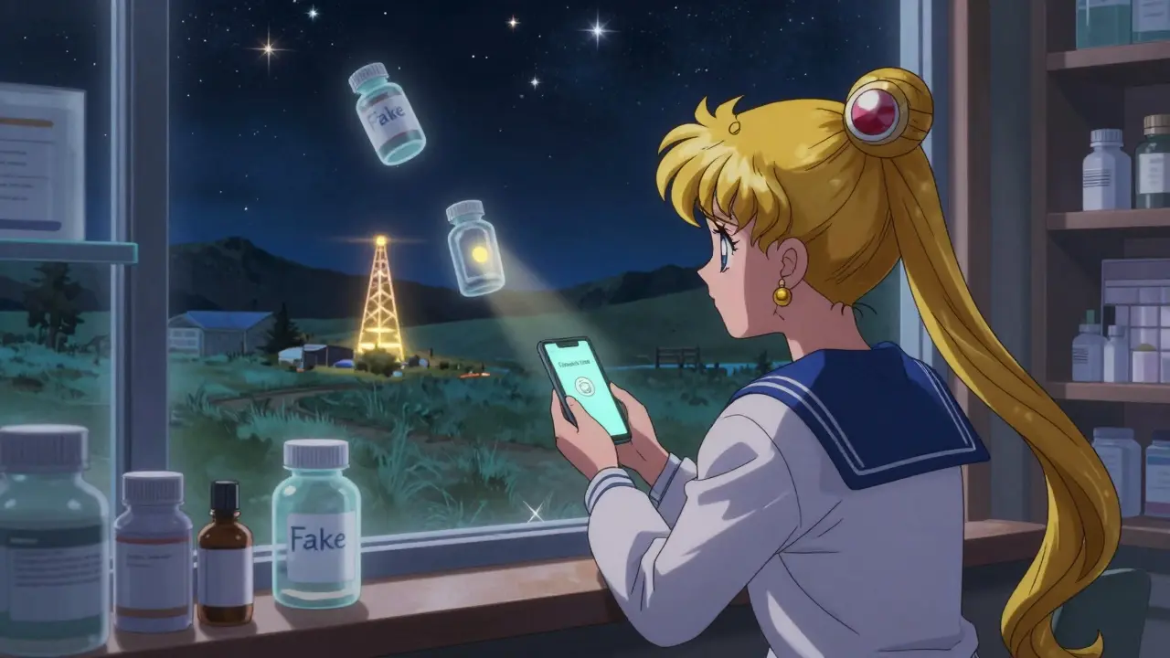 A rural pharmacist stares at a lost connection alert, while ghostly fake pills drift nearby under a starry night sky.