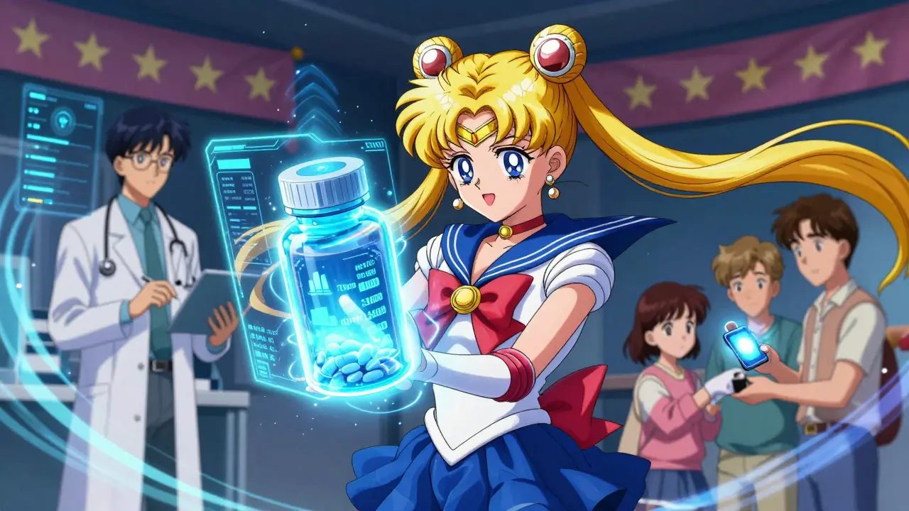 A smart pill bottle syncing with a holographic health dashboard, surrounded by cosmic energy and data streams.