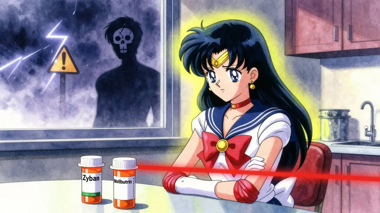 A woman at a kitchen table faces two prescription bottles separated by a red barrier, her shadow showing seizure risk as stormy clouds loom outside.