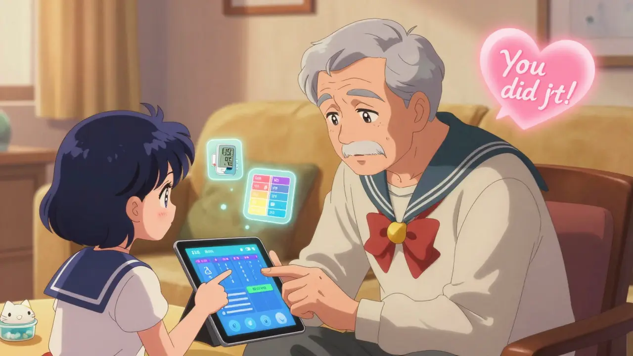 An elderly man and his granddaughter using a simple app together, with visual health data floating nearby.