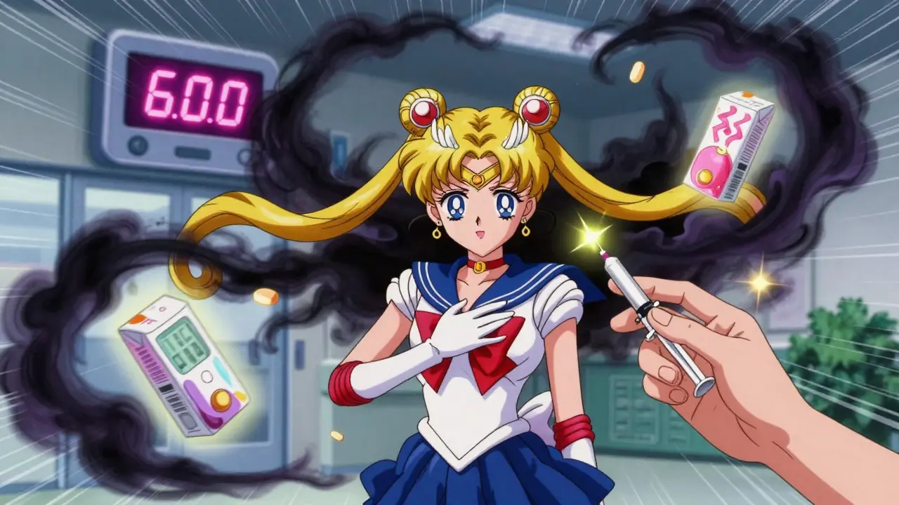 Character experiencing hypoglycemia, surrounded by glowing glucose tablets and a friend administering glucagon with a sparkling syringe.