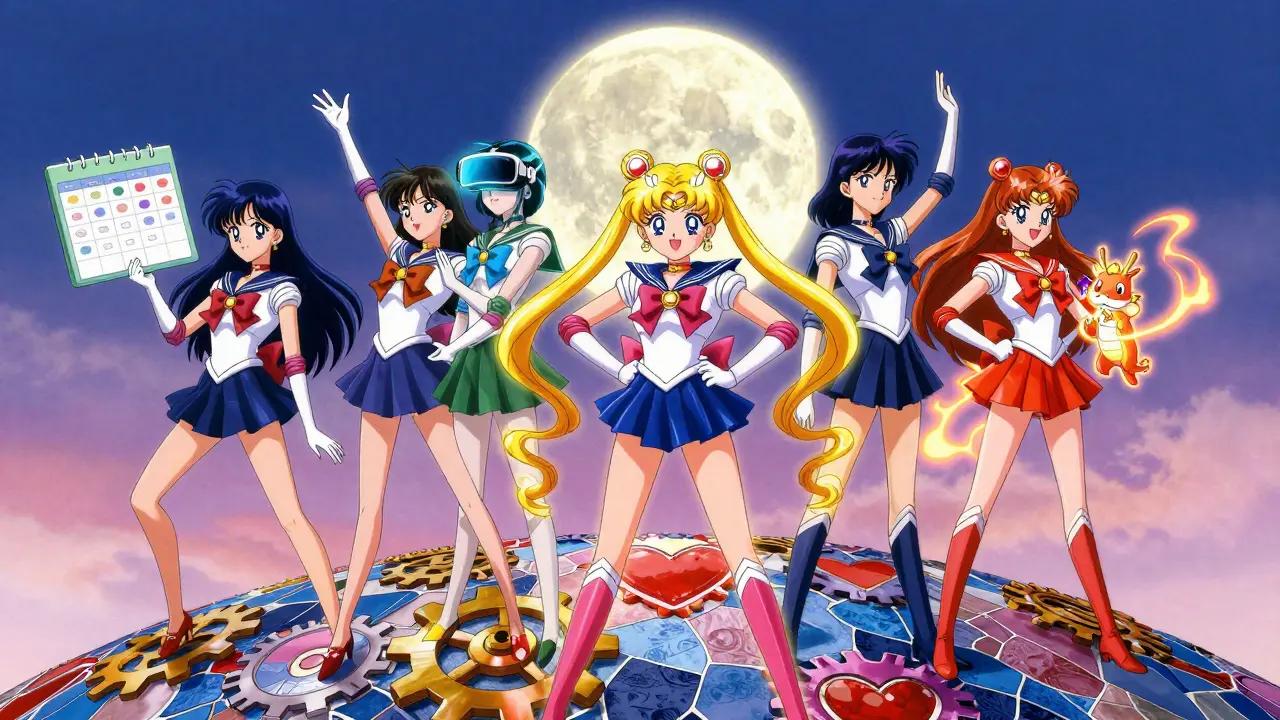 Diverse individuals with glowing auras use personalized tools like calendars and VR to manage ADHD in anime style.