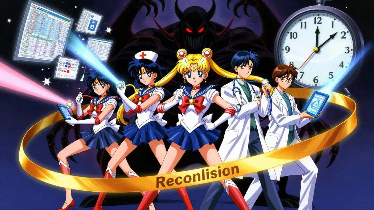 Healthcare heroes battle a shadow monster made of EHR fragments, protected by a golden reconciliation ribbon.