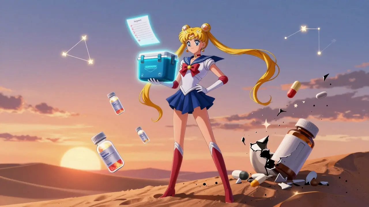 Hero holds high-tech cooler as healed meds float around her at sunset in anime style.
