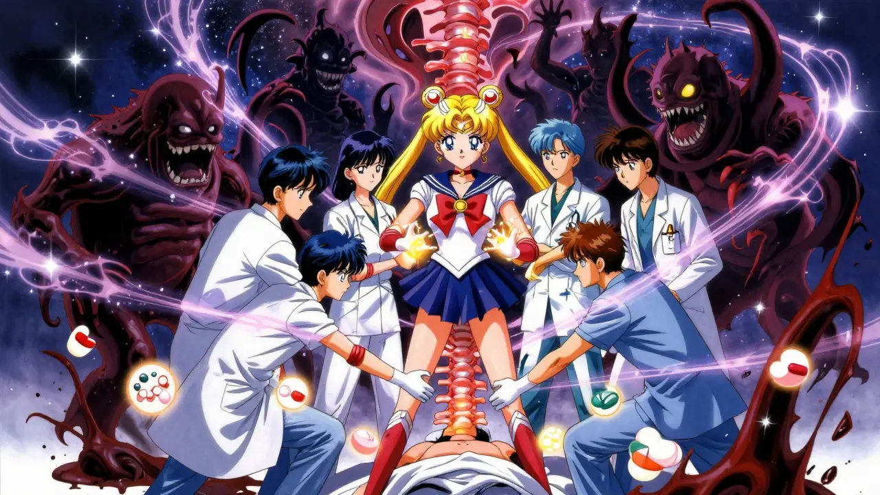 Medical team using healing auras to fight shadowy blood monsters emerging from a spine, shattered anticoagulant pills at their feet.