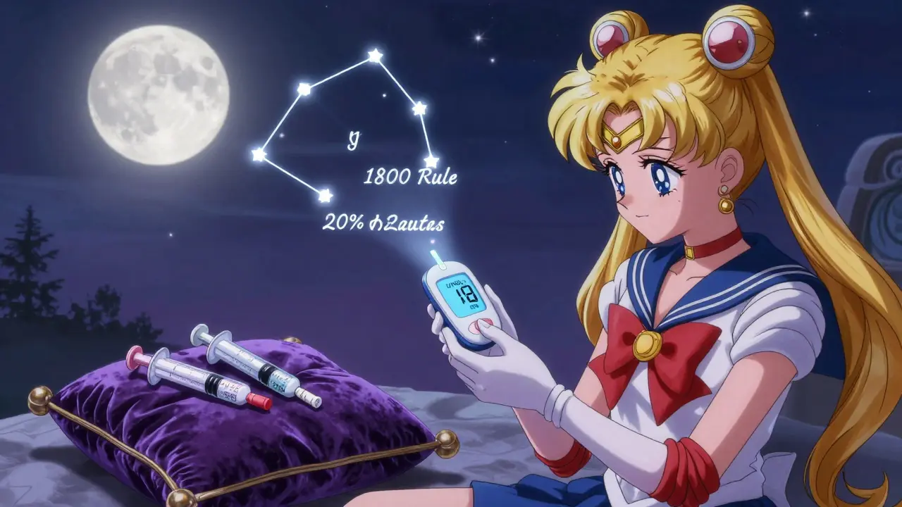 Night scene with CGM projecting dosing rules as celestial text, U-100 and U-500 syringes resting like sacred objects under moonlight.