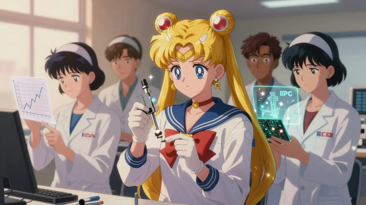 Operators in stylized uniforms check components with glowing tools, surrounded by animated quality control charts and standard symbols.