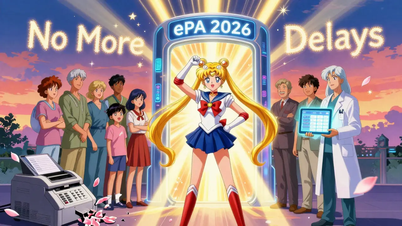 Patients and providers united under a glowing ePA portal as fax machines turn to petals, anime style.