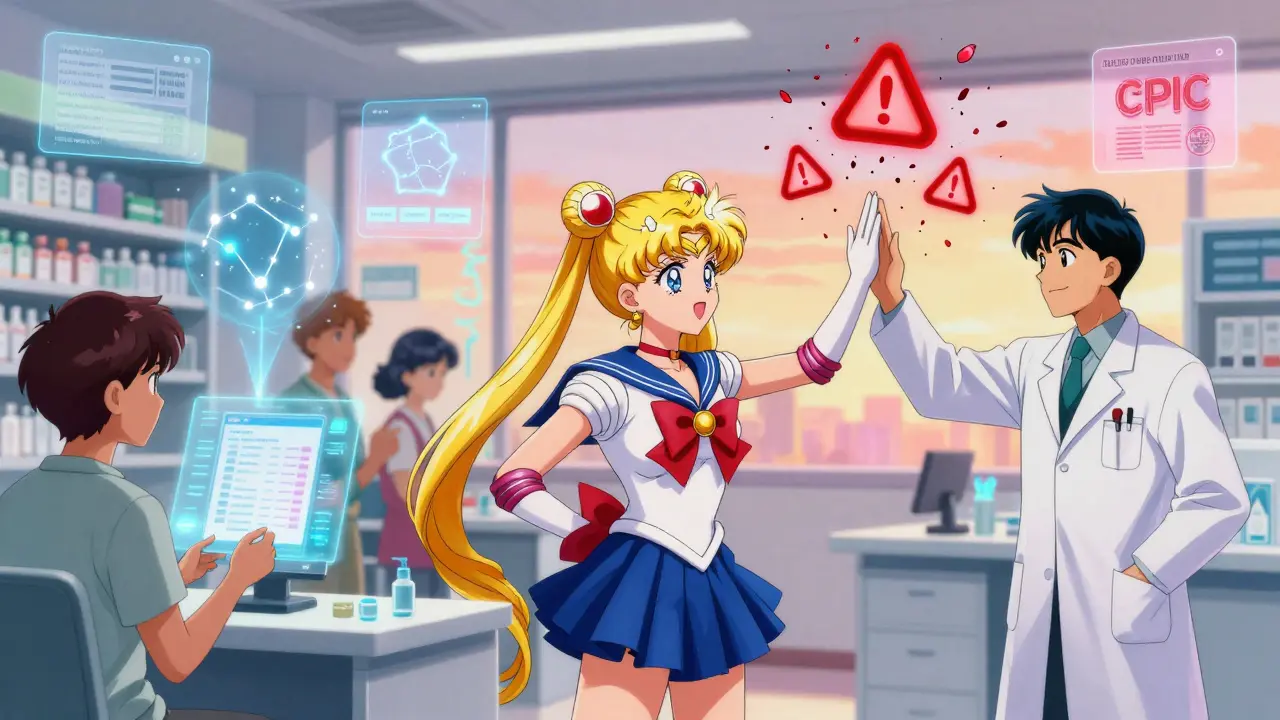 Patients holding genetic results that become constellations, with AI holograms and shattering warning icons in a futuristic pharmacy.