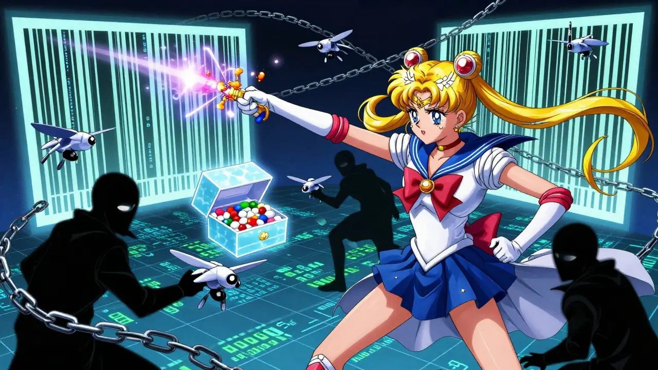 Pharmacists battle counterfeit drug drones in a digital blockchain battlefield, with encrypted barcode chains glowing brightly.