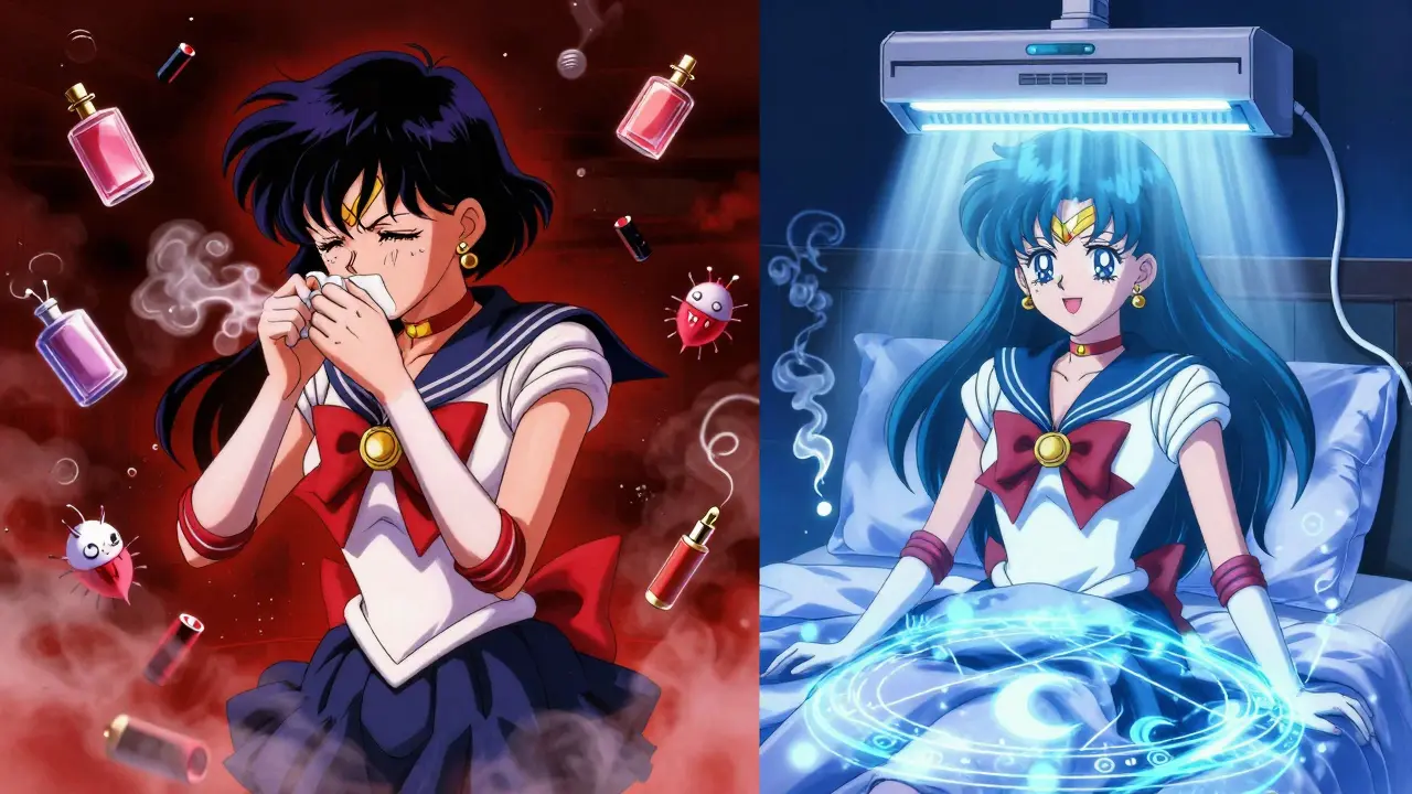 Split scene showing asthma triggers on one side and a clean, protected environment on the other, with glowing HEPA filter.