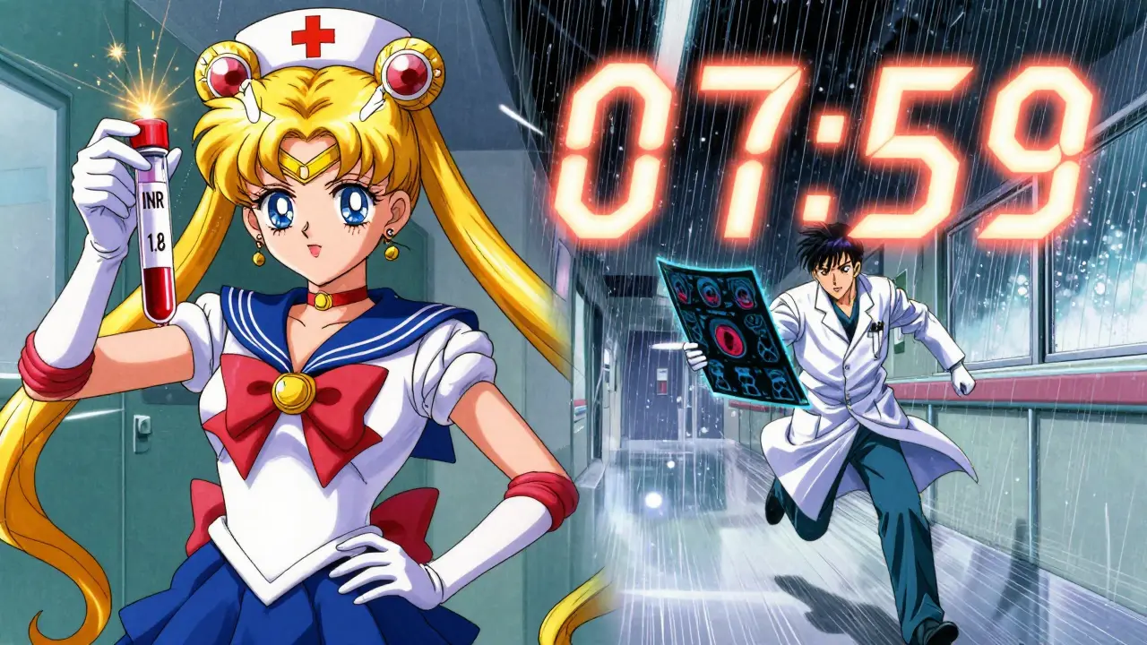 Split-screen scene: blood test with INR 1.8 and doctor racing with MRI scan, glowing 8-hour countdown in background.