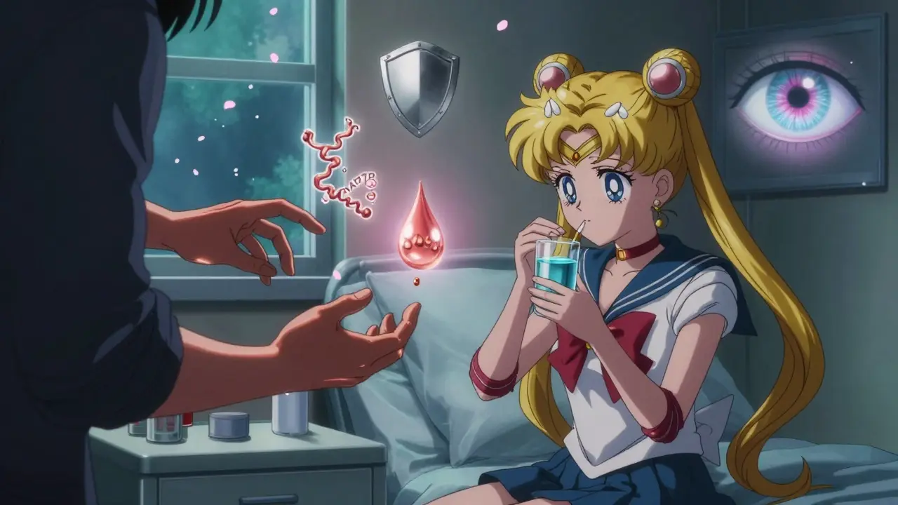 Teen taking medication at night as copper hands try to pull pills away, Kayser-Fleischer ring visible on wall.