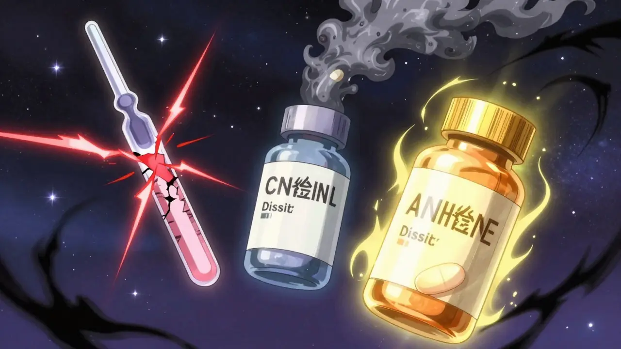 Three floating medicine bottles glow with contrasting energy — one safe, two dangerous, in a cosmic anime setting.
