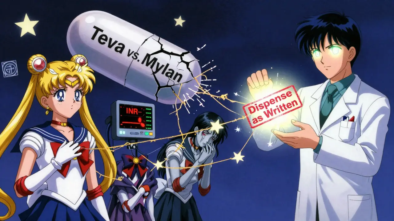 Three patients affected by generic drug switches connected by fragile threads, pharmacist sealing them with a stamp.