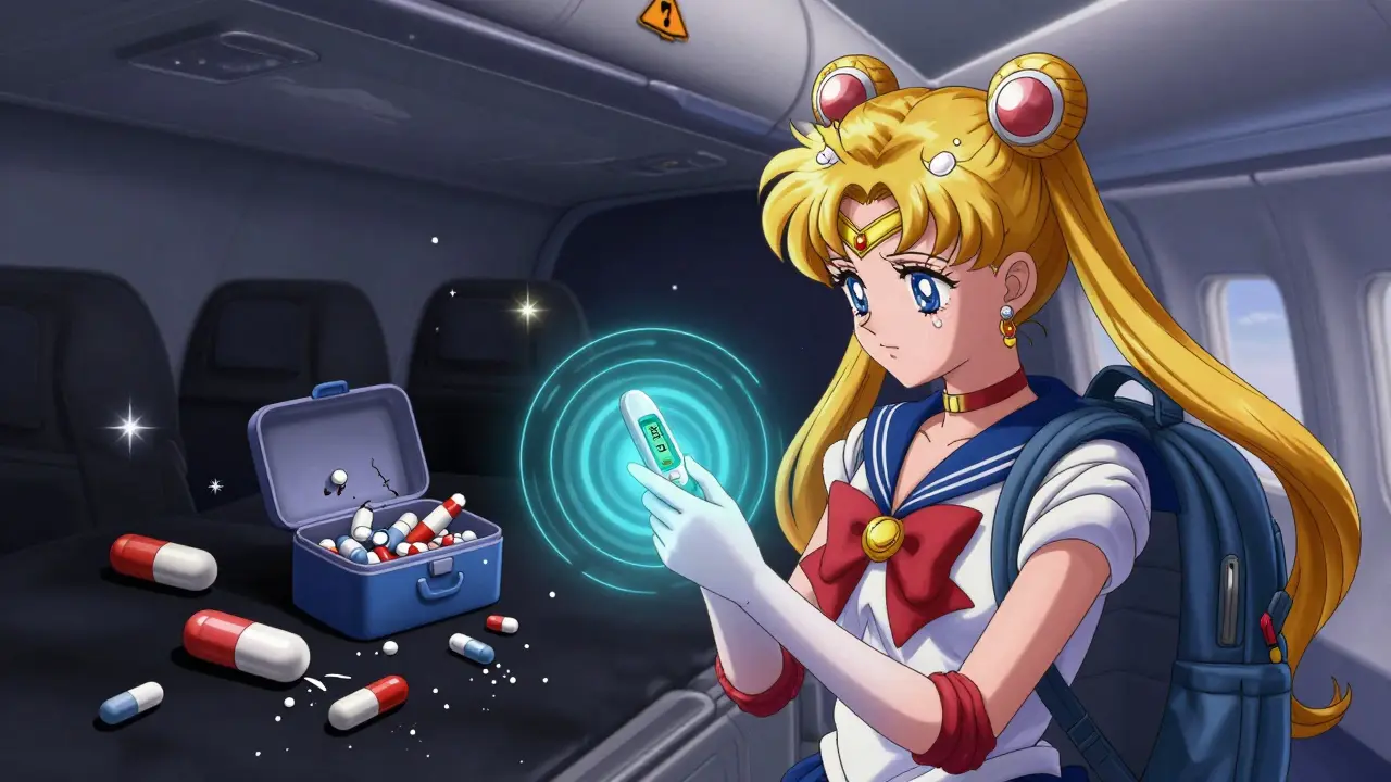 Traveler checks thermometer on plane, safe meds glow blue while ruined pills lie in shadow.