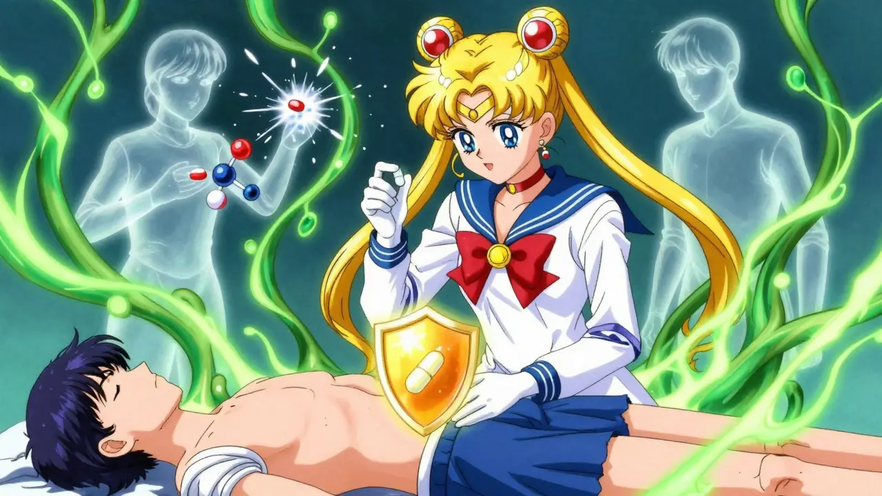 A doctor activates a protective shield over a stomach with a PPI pill, blocking harmful drug interactions.