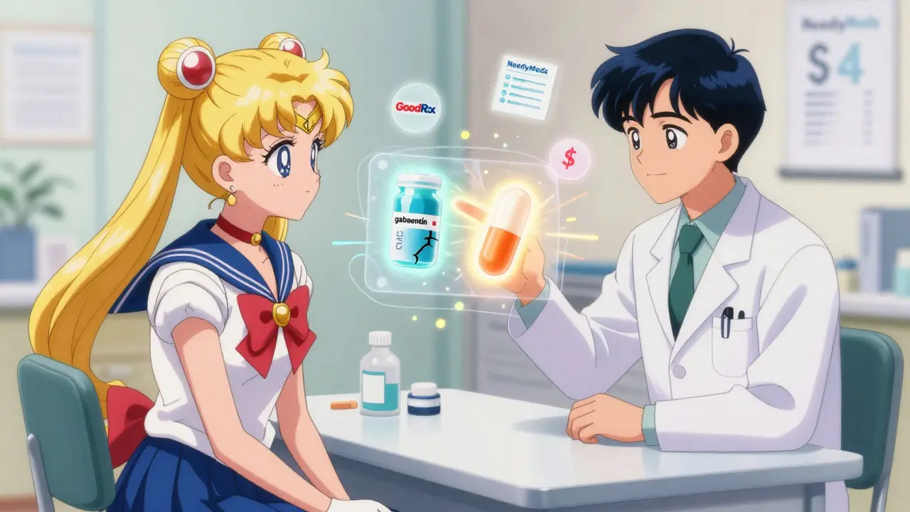 A doctor and patient review affordable medication options with floating health tools glowing in pastel anime style.