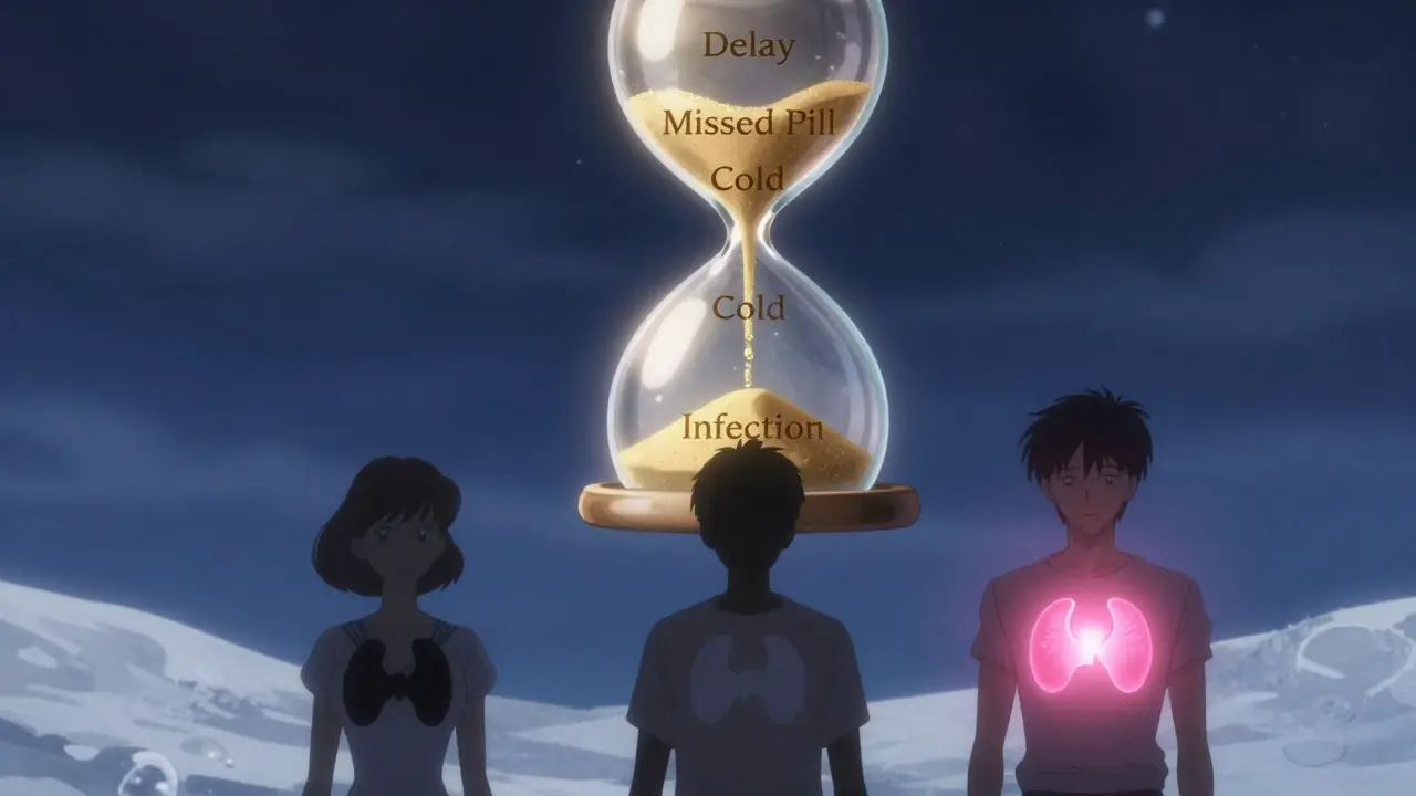 A glowing golden hourglass in a winter sky with warning labels, while three people have fading thyroid energy, one being restored by a pink orb.