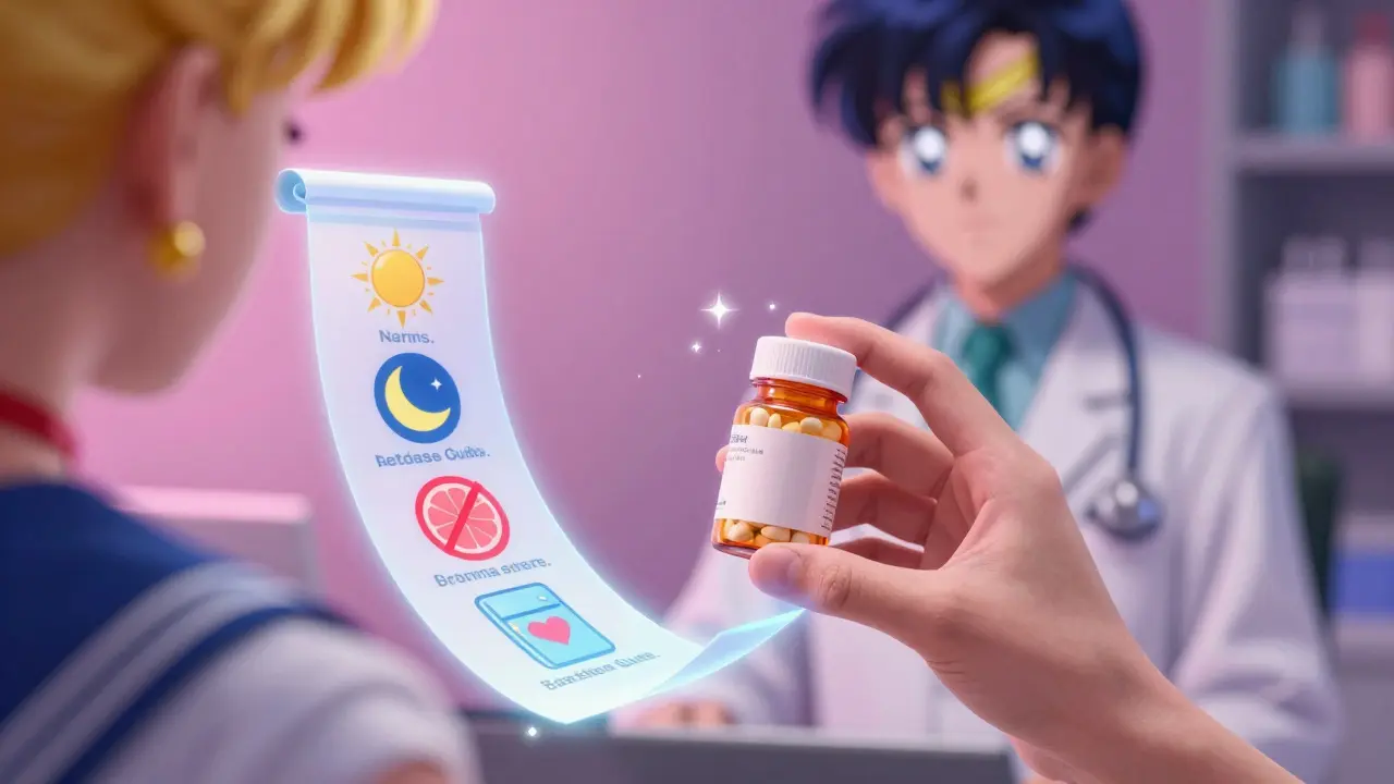 A hand holding a pill bottle with a glowing Medication Guide scroll showing icons for dosing times and food interactions.