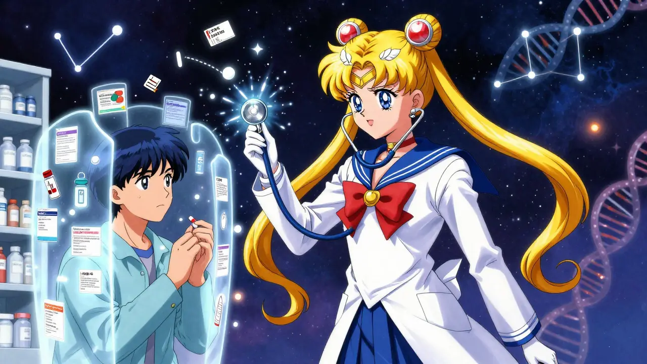 A heroic pharmacist protects a patient taking a generic pill with a personalized dosage shield, surrounded by floating FDA and CPIC gene guidelines.