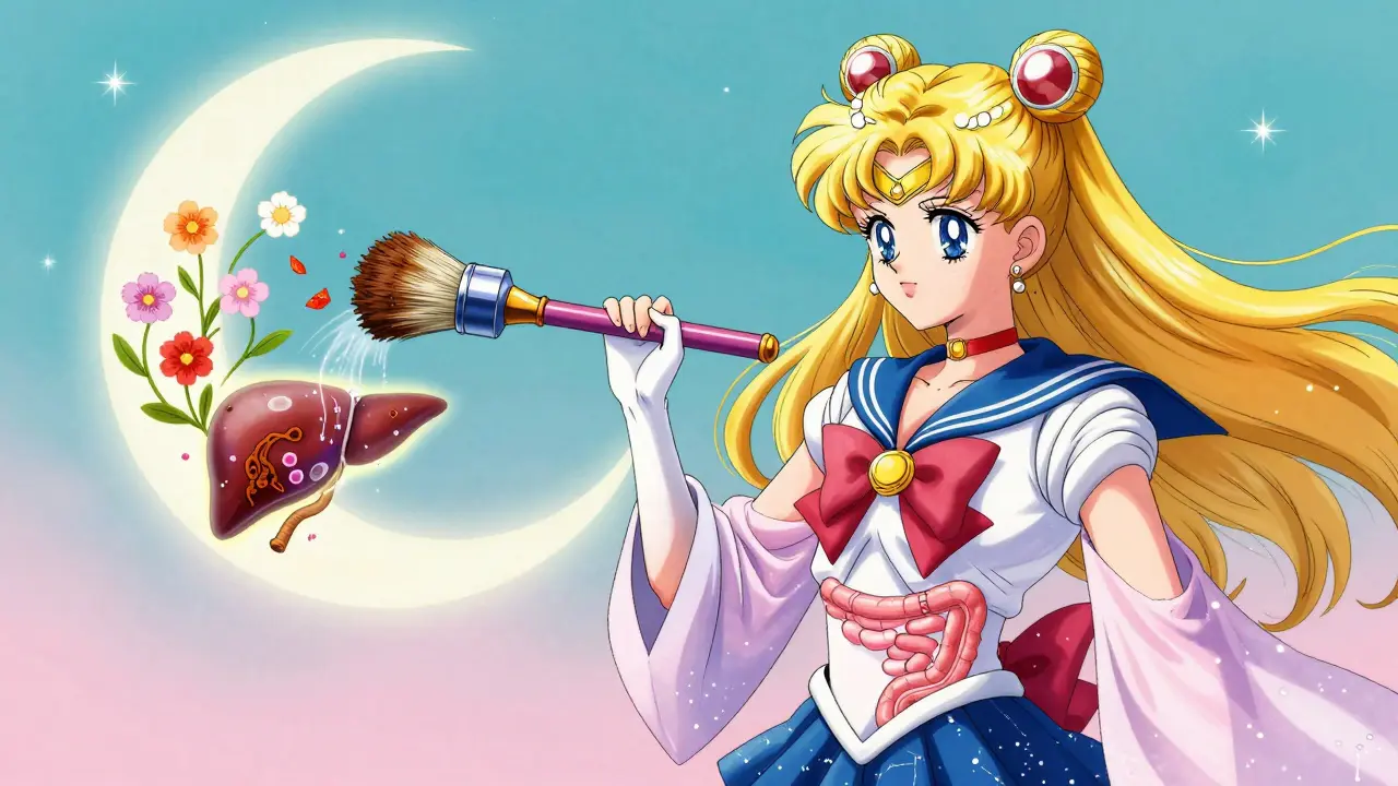 A magical brush cleaning a pipe of rust into flowers, representing metformin improving insulin sensitivity in anime style.