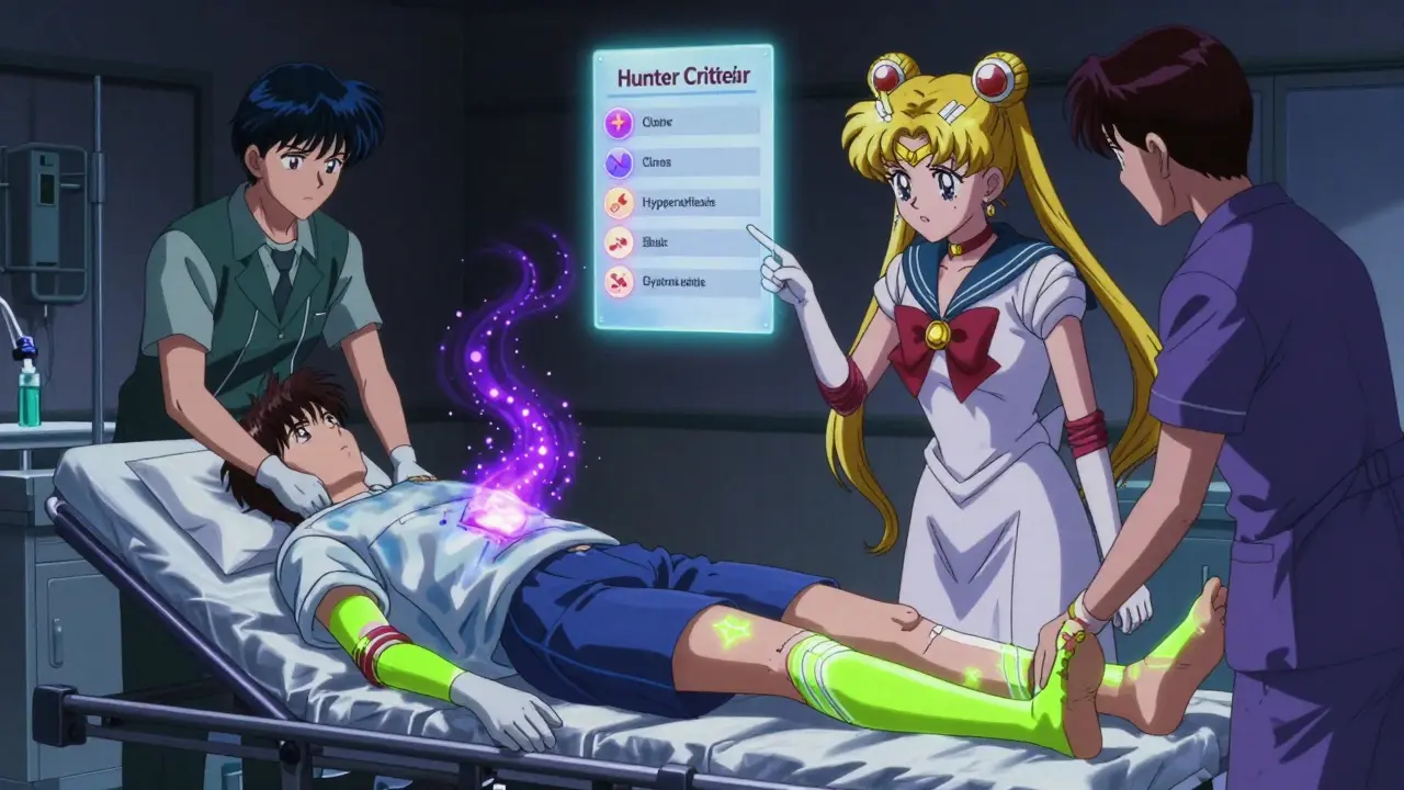 A patient in an ER with visible muscle tremors and medical staff administering treatment, glowing Hunter Criteria icons floating nearby.