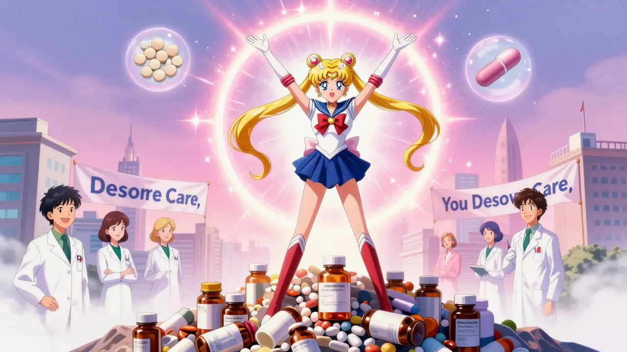 A patient stands atop discarded pill bottles as affordable drugs shine behind them in radiant anime style.