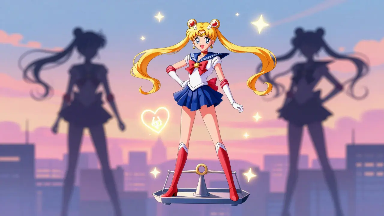 Character on floating scale with before and after silhouettes