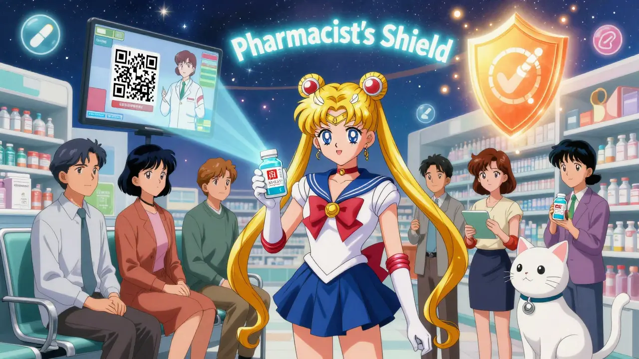 Diverse patients in a pharmacy, each with their prescription bottle projecting personalized safety information in animated form.