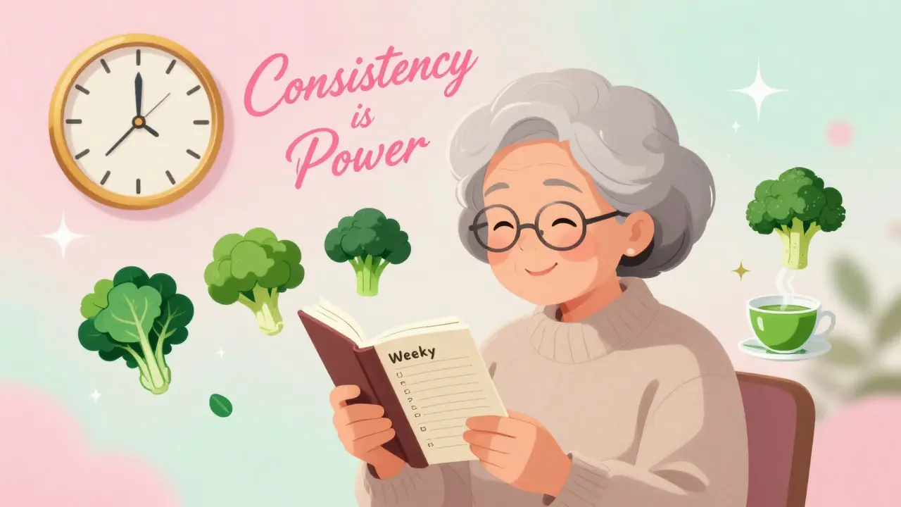 Elderly woman with food diary, animated greens bowing to her in peaceful scene.