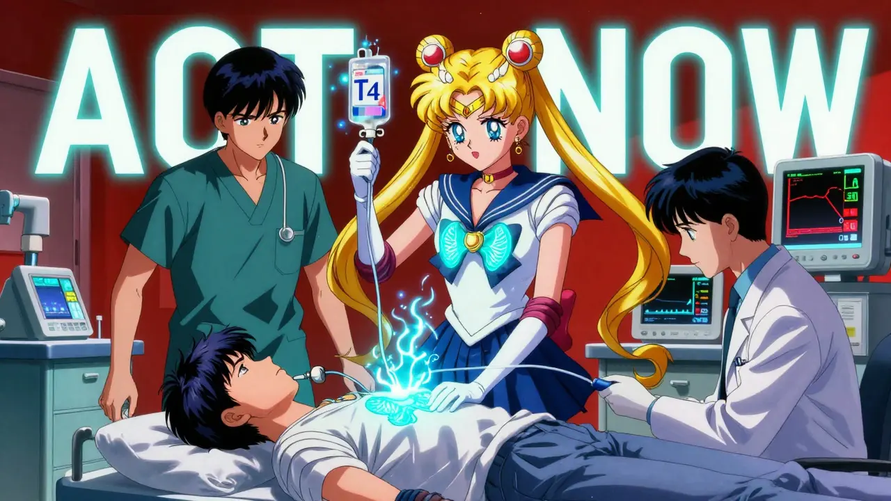 Emergency medical team intubating a patient in an ER, with glowing thyroid symbols and medical data floating in the air.