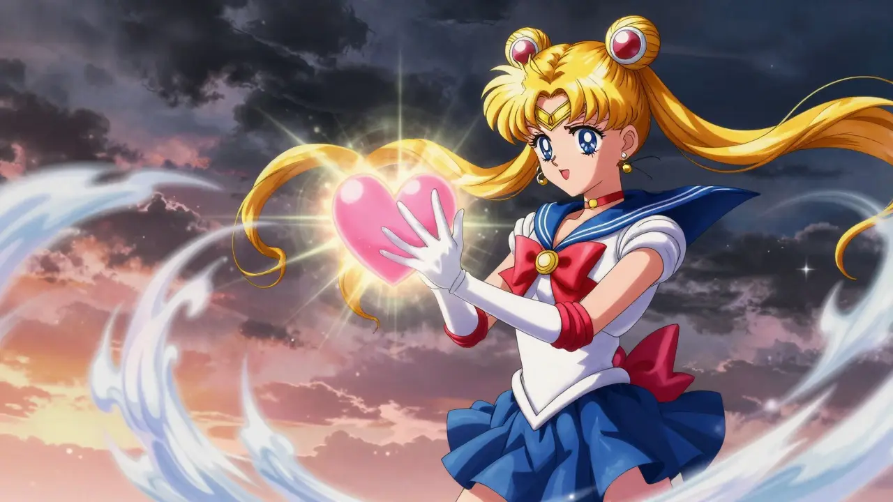 Heart shield deflecting storm clouds into sunshine