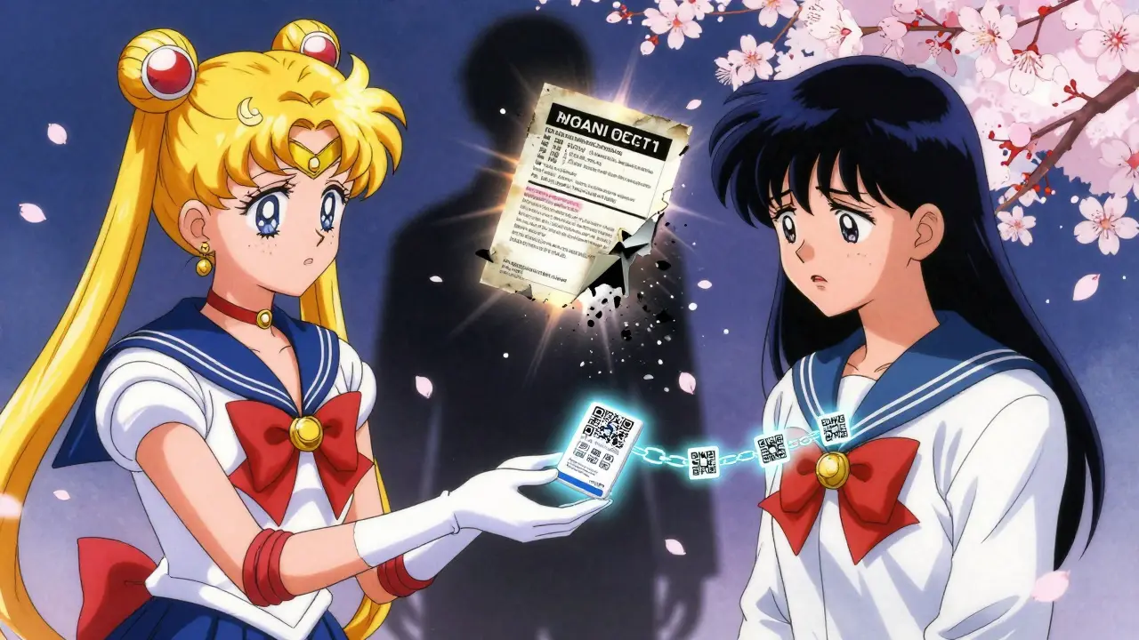 Pharmacist giving generic medication to patient, connected by glowing QR codes linking to updated FDA label.