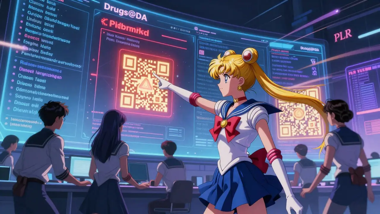 Regulatory analysts monitoring FDA label updates on a digital wall with glowing PLR sections and pulsing QR code.