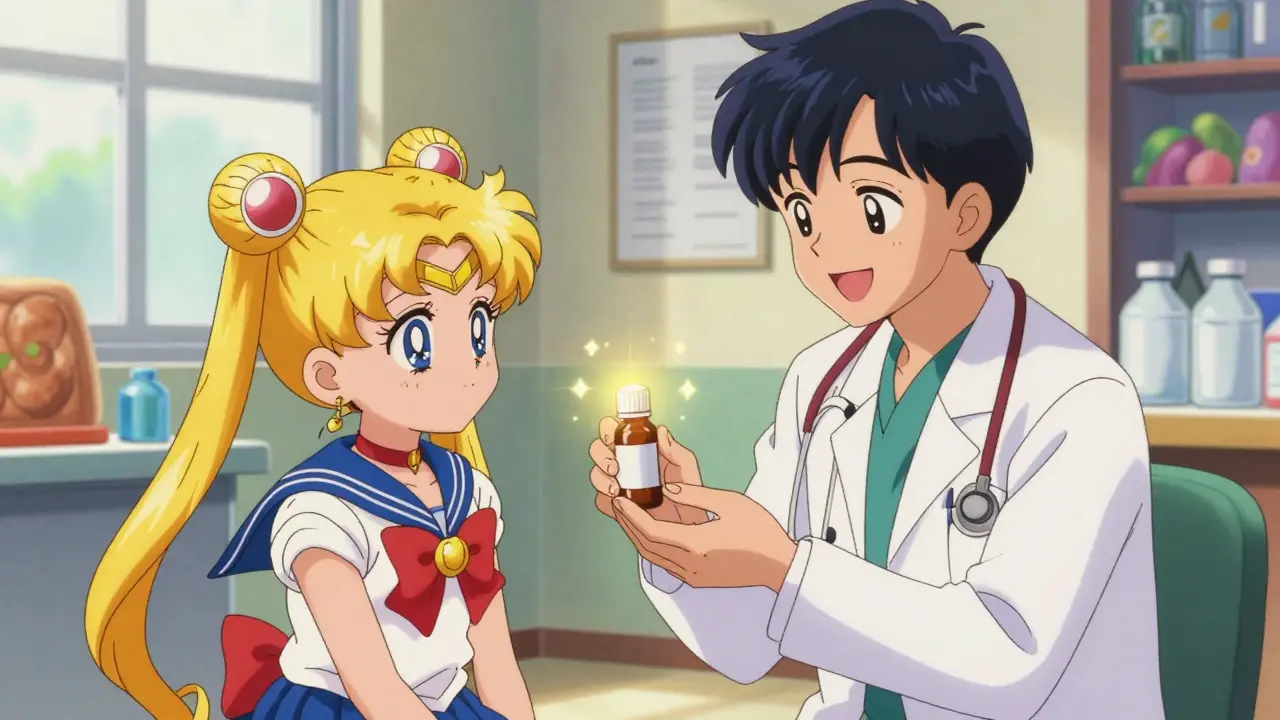 Sailor Moon style patient receiving affordable medicine from doctor in Indian clinic, vibrant colors and soft glow