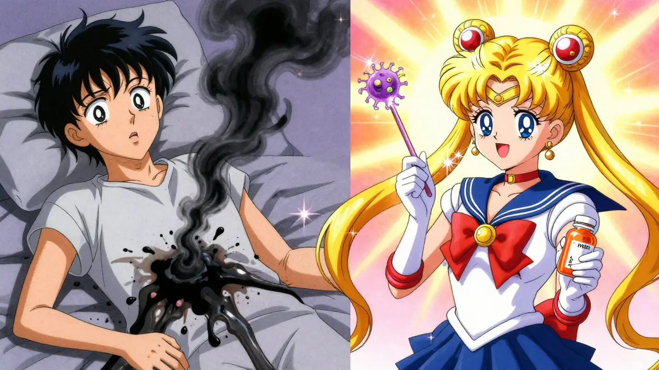 Split scene: one side shows bleeding symptoms, the other shows healing with PPI and acetaminophen.