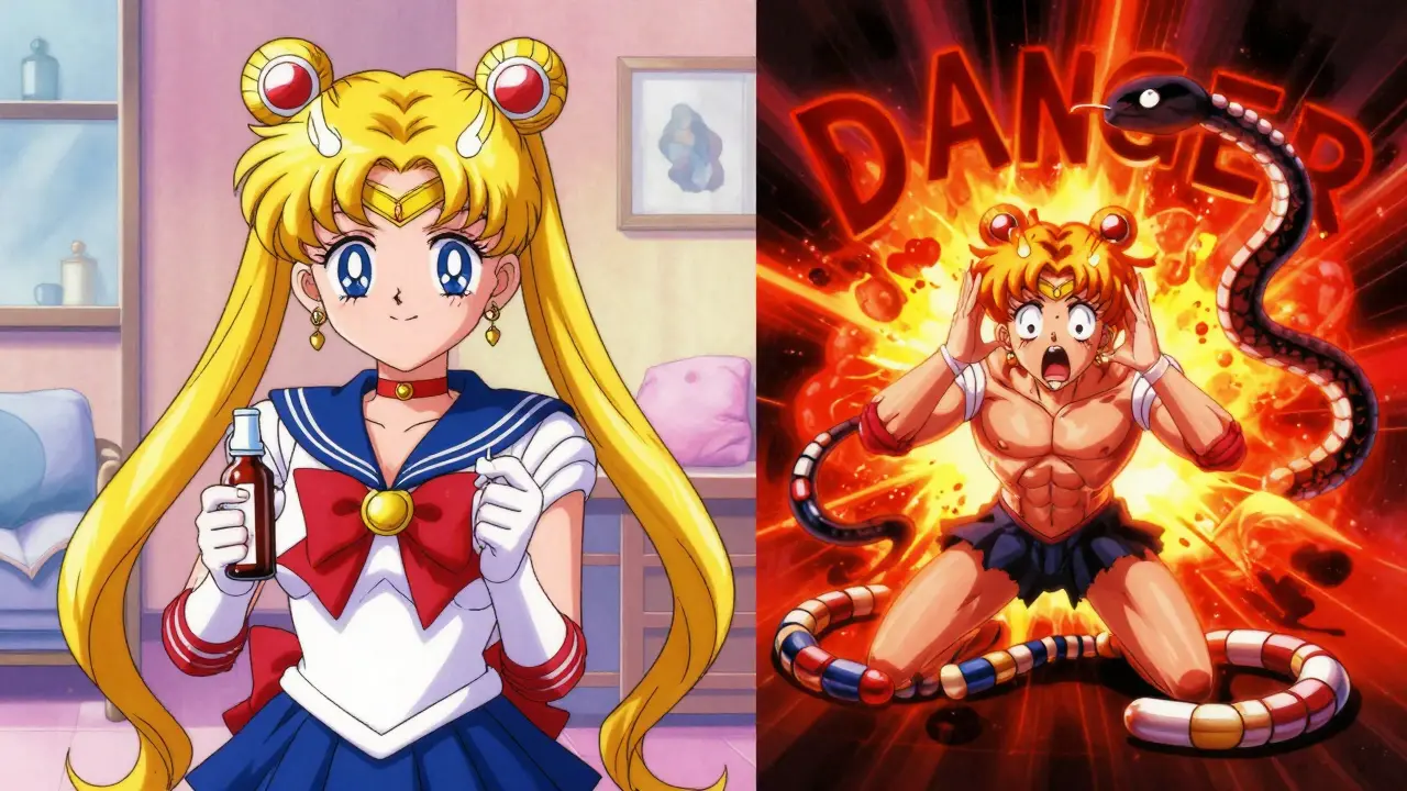 Split scene: peaceful home turning into a serotonin overdose explosion with pill serpents and warning kanji, in anime style.