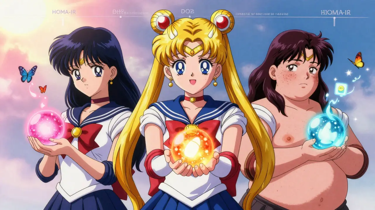 Three women receiving personalized energy orbs as data points turn to butterflies, symbolizing tailored PCOS treatment in anime style.