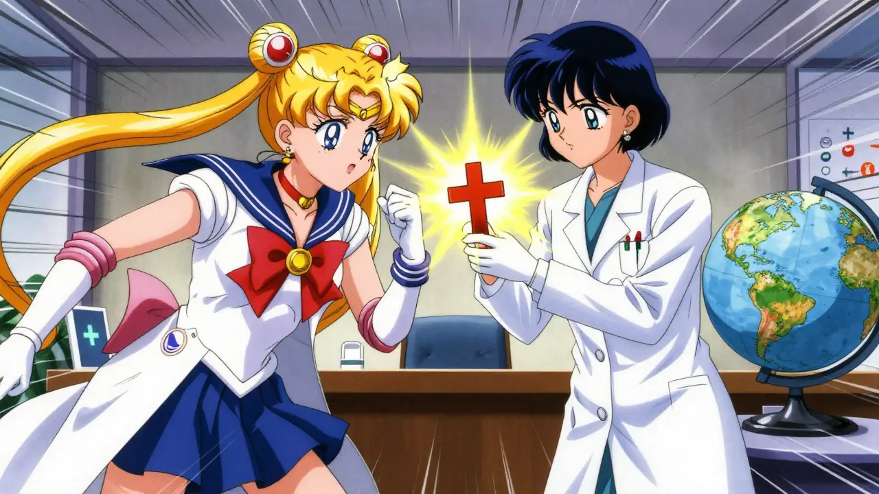 Two anime characters debating pharmaceutical patents and public health, dynamic manga style with globe backdrop