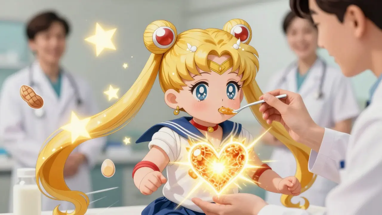 A baby eats peanut paste as sparkling IgE antibodies float away, symbolizing immune tolerance.