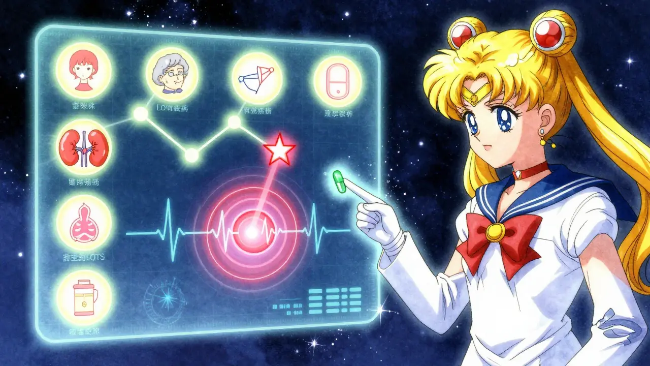 A constellation of seven heart risk factors pulsing above a patient, with Torsades de Pointes forming as a warning spiral.