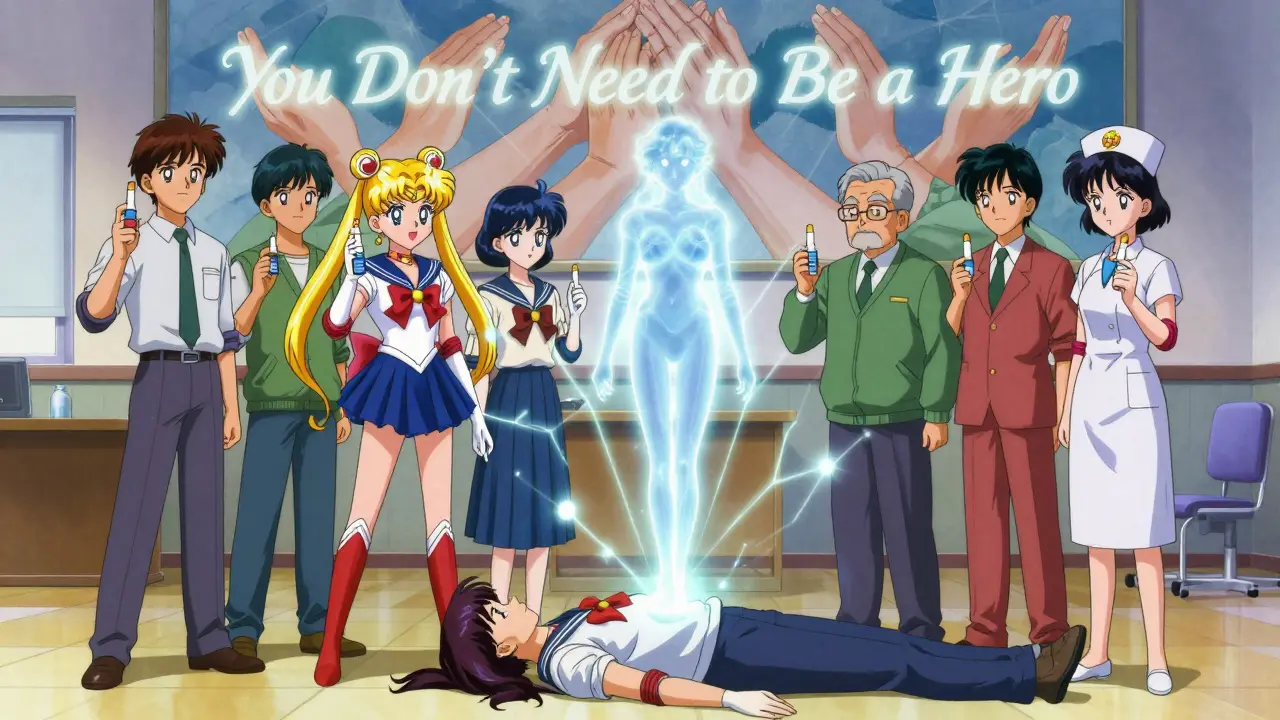 A group holds naloxone sprays as energy connects them to a revived figure, symbolizing community lifesaving power.