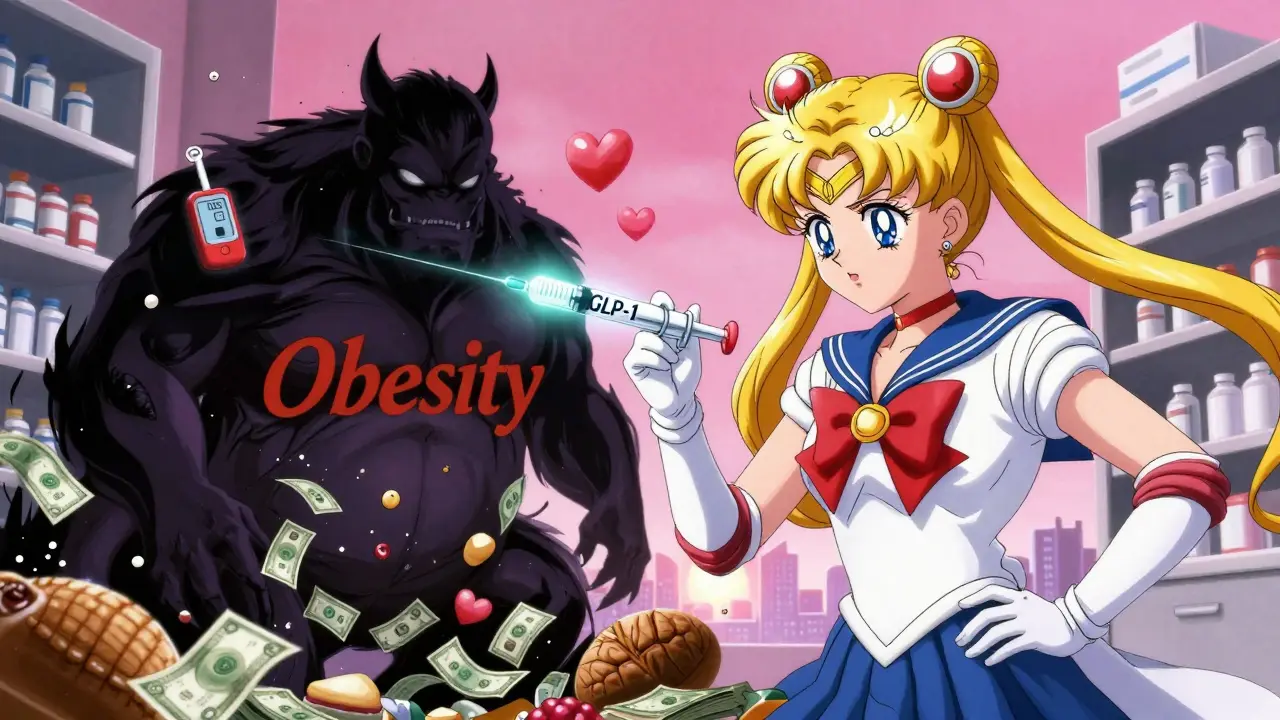A heroic figure battles obesity as a shadow monster, surrounded by health symbols in anime style.