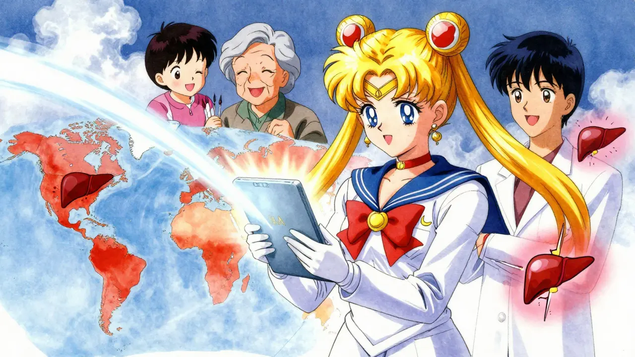 A heroic figure heals hepatitis C globally with a glowing DAA tablet, erasing infection zones.