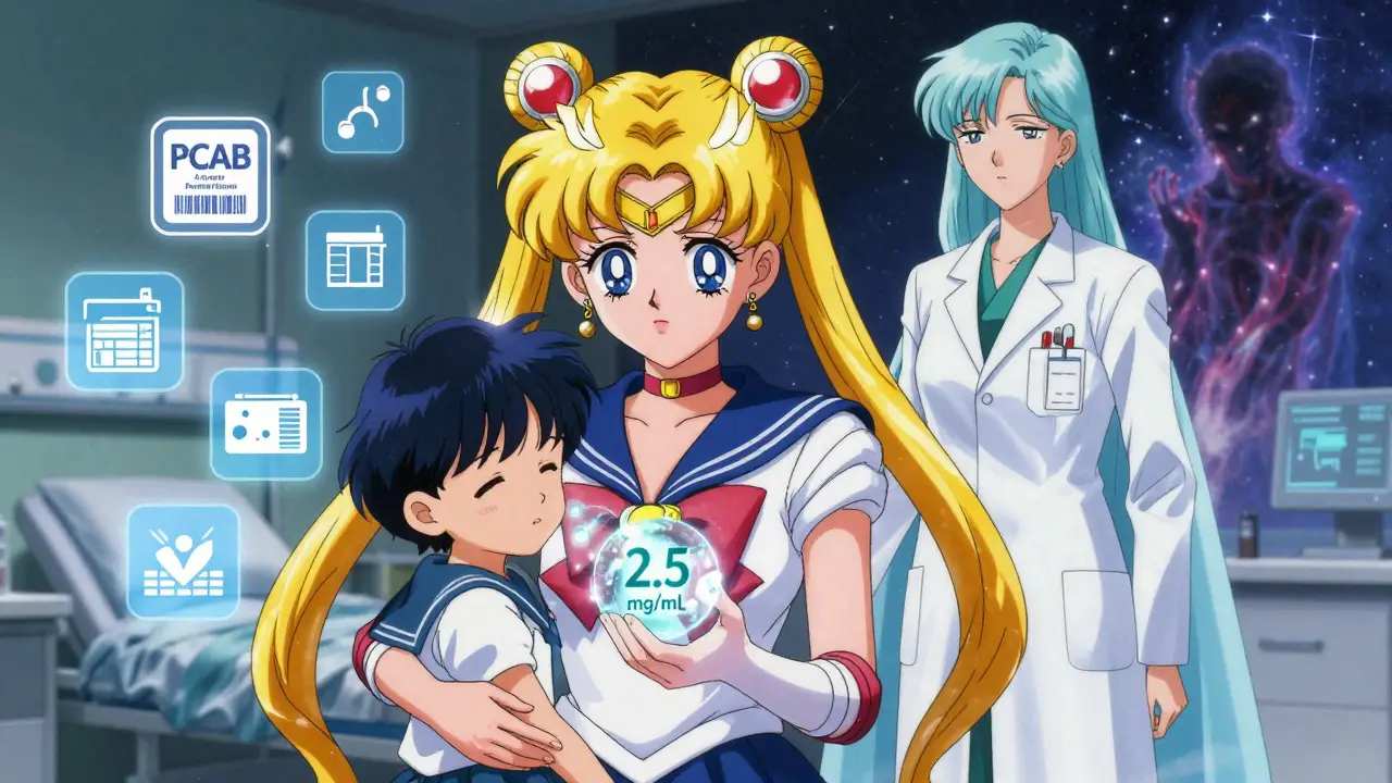 A parent holds a clearly labeled compounded medication as protective symbols of safety and accreditation glow around them.