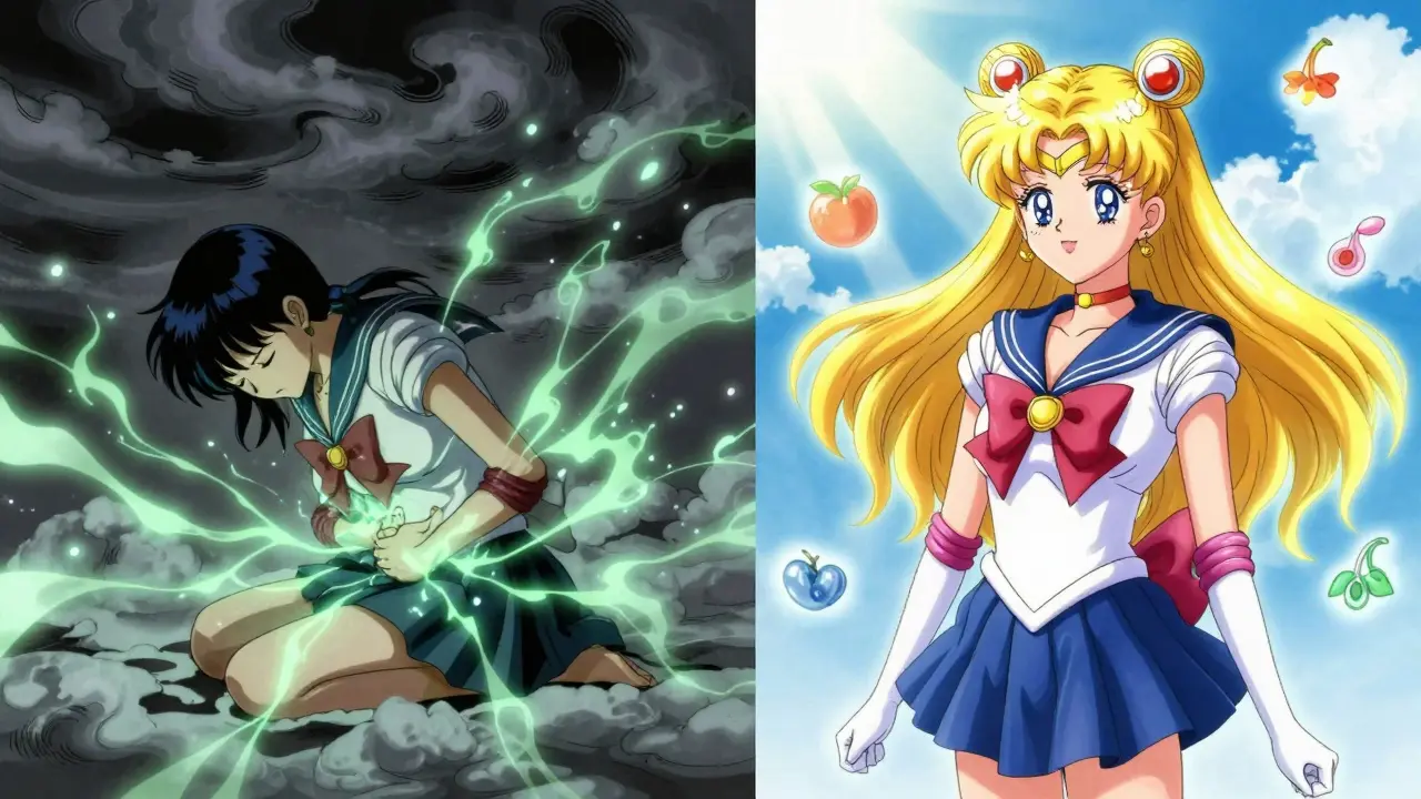 A person overcoming nausea during GLP-1 treatment, shown with contrasting emotional states in manga style.