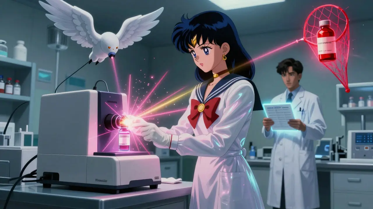 A pharmacist uses a radiant FTIR scanner to verify a hormone vial while a mislabeled bottle glows ominously nearby.